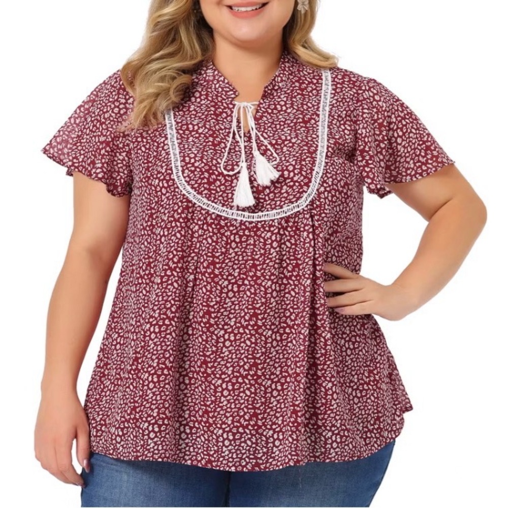 Plus Size Bib Peasant Ditsy Floral Tassel Tie Neck Keyhole Chiffon Blouse Red